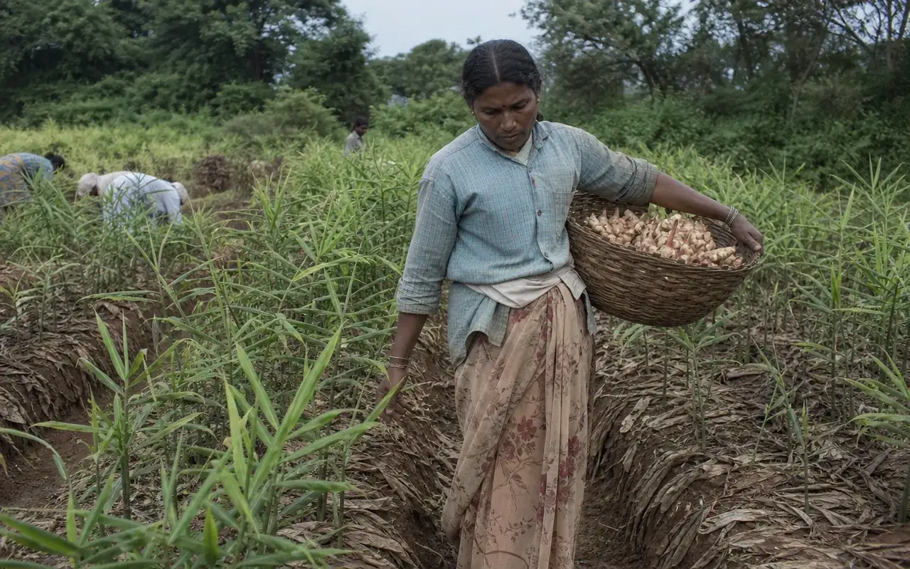 A woman farmer walking between raised ginger beds carrying a basket of freshly harvested ginger