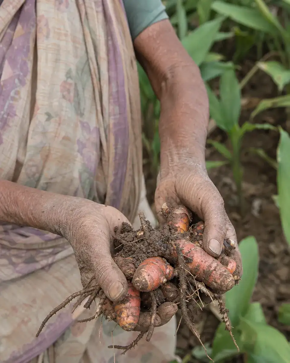 An elderly woman farmer&rsquo;s hands holding freshly dug turmeric with soil and roots