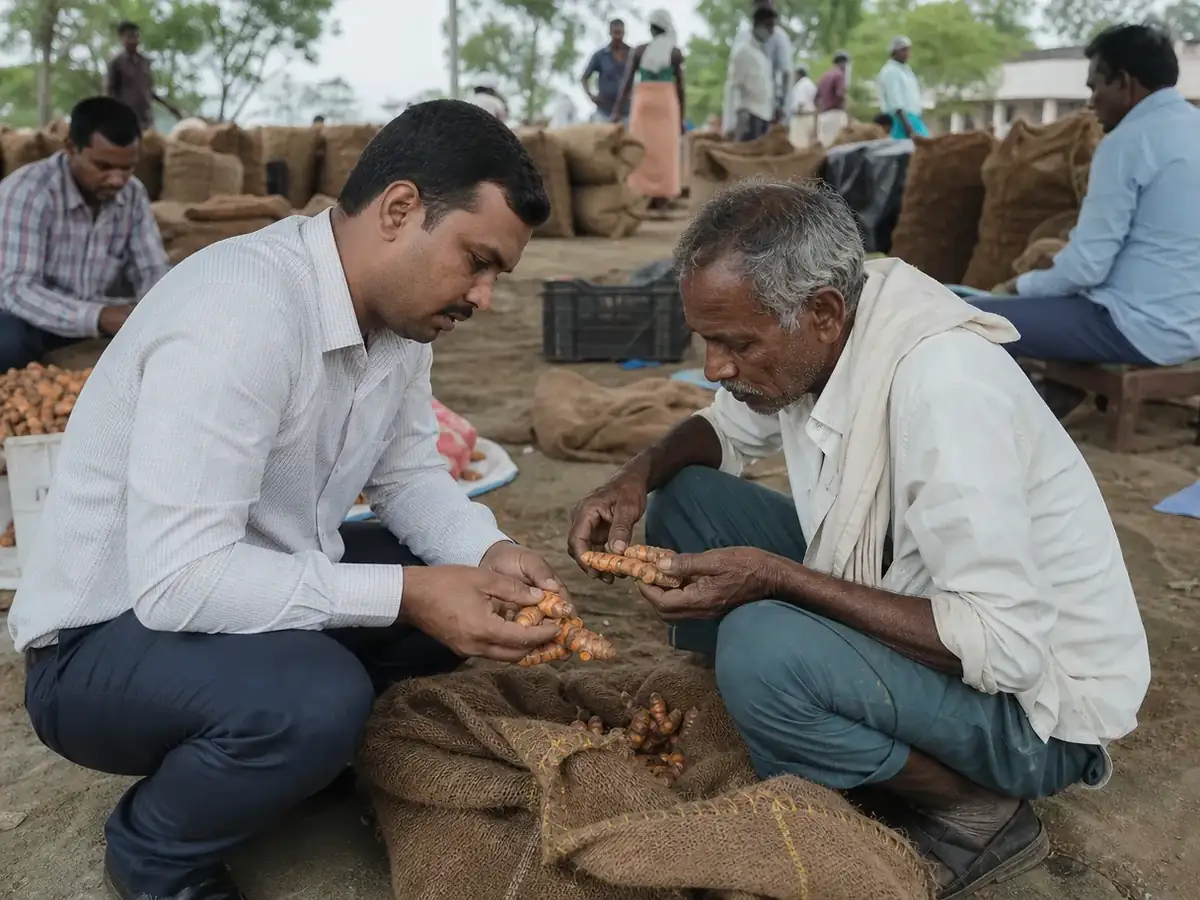 A quality checker and a farmer examining freshly harvested turmeric from a jute sack at a collection centre