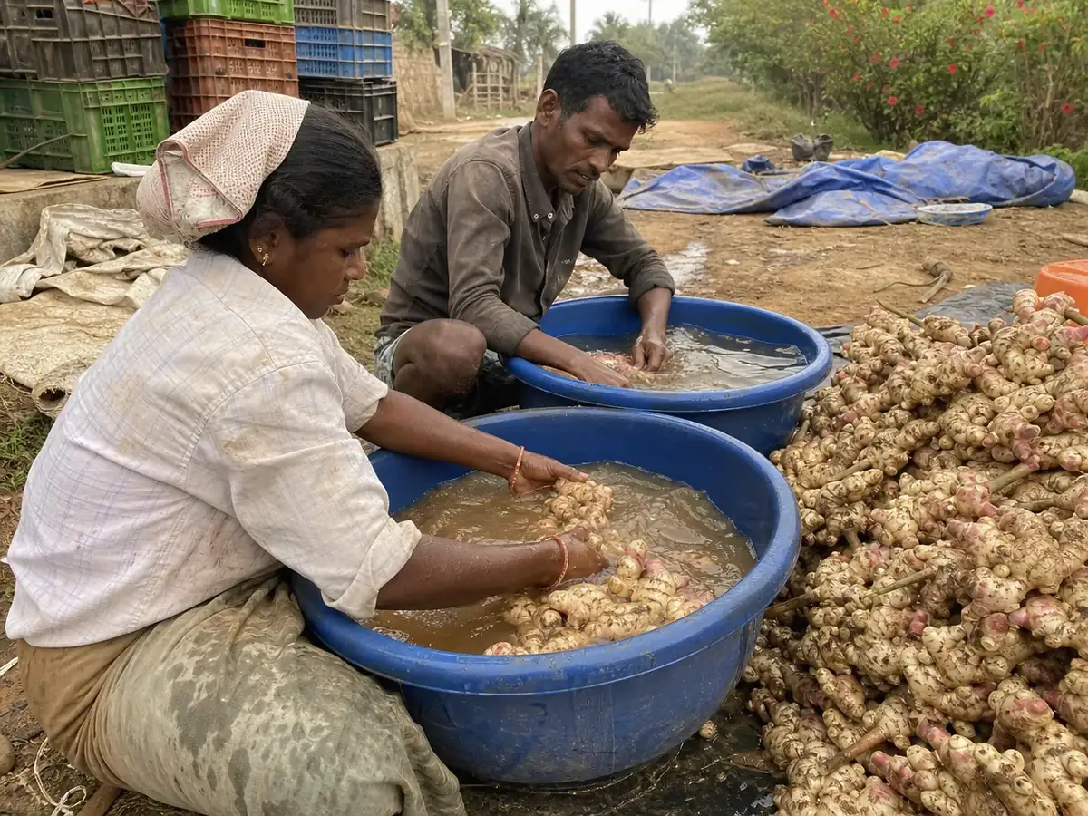 Workers washing freshly harvested ginger in large tubs of water